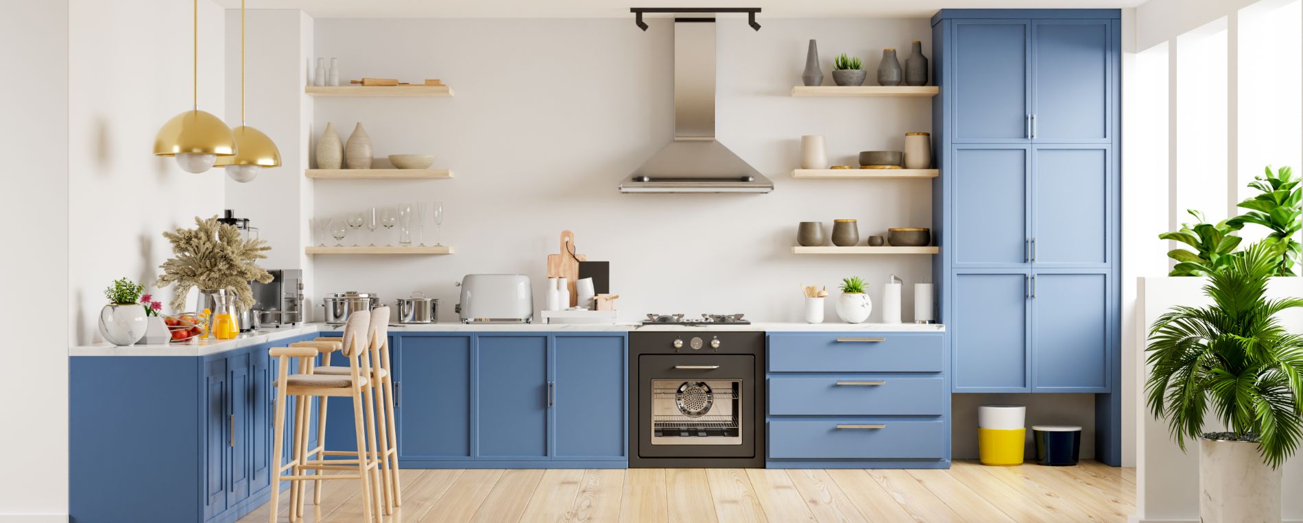 A view at clean and tidy kitchen with a kitchen hood